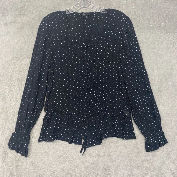 Lucky Brand Shirt Womens Small Black Polka Dot Popover Button Tie Waist - Picture 1 of 7